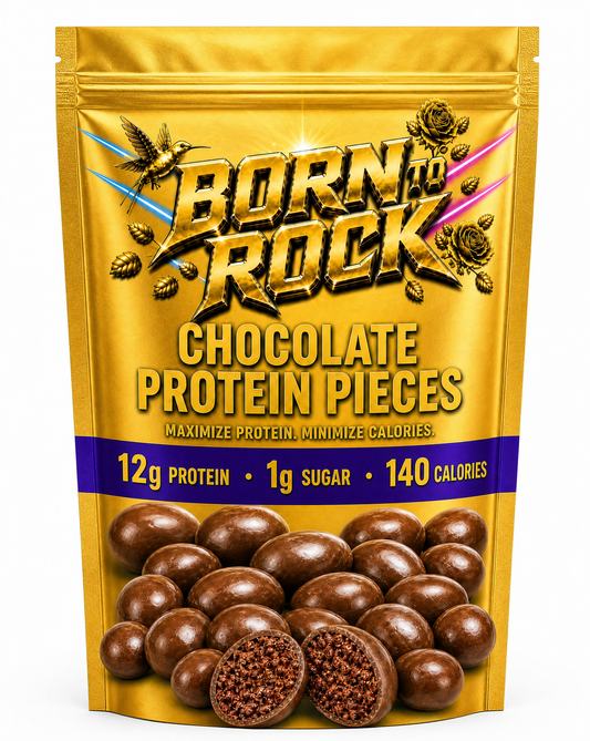 Born To Rock Chocolate Protein Pieces sealed gold pouch photographed straight on against white