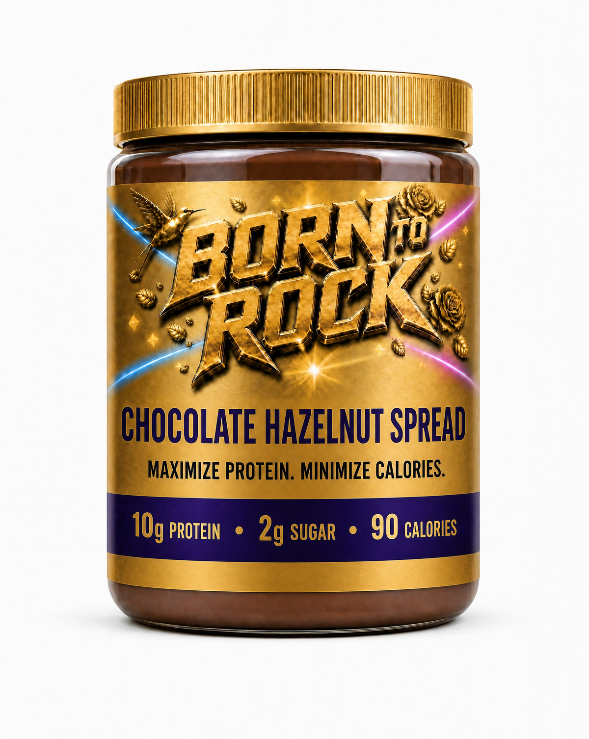 Jar of Born To Rock Chocolate Hazelnut Spread photographed straight on against white
