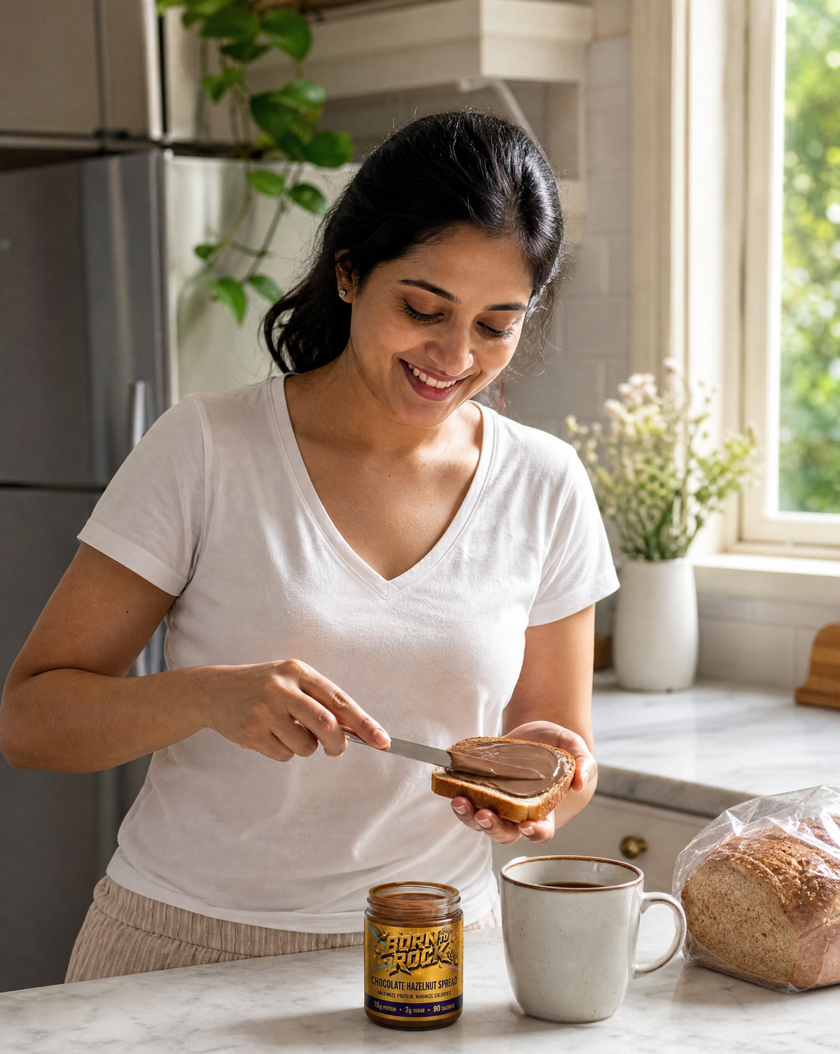 A woman in a sunlit kitchen laughing as she spreads chocolate hazelnut spread across a slice of toast with a butter knife