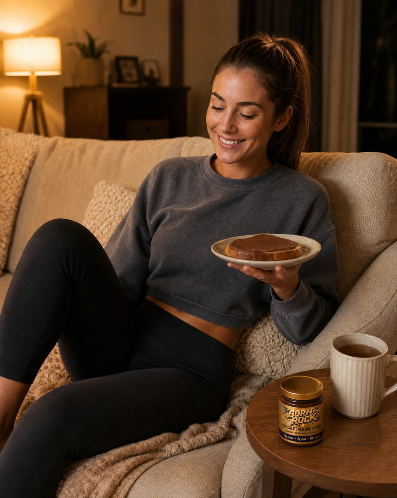 A young woman relaxed on a sofa in the evening holding a plate of toast spread with chocolate hazelnut spread, the jar on the side table
