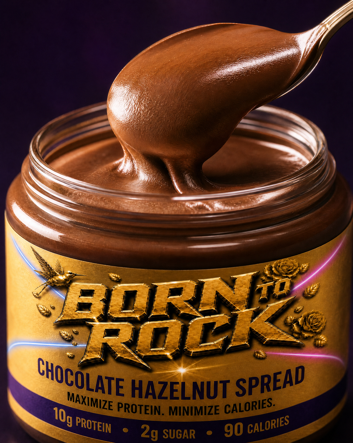 Extreme macro of a gold spoon lifting a dense scoop of chocolate hazelnut spread from the open jar against a deep purple background