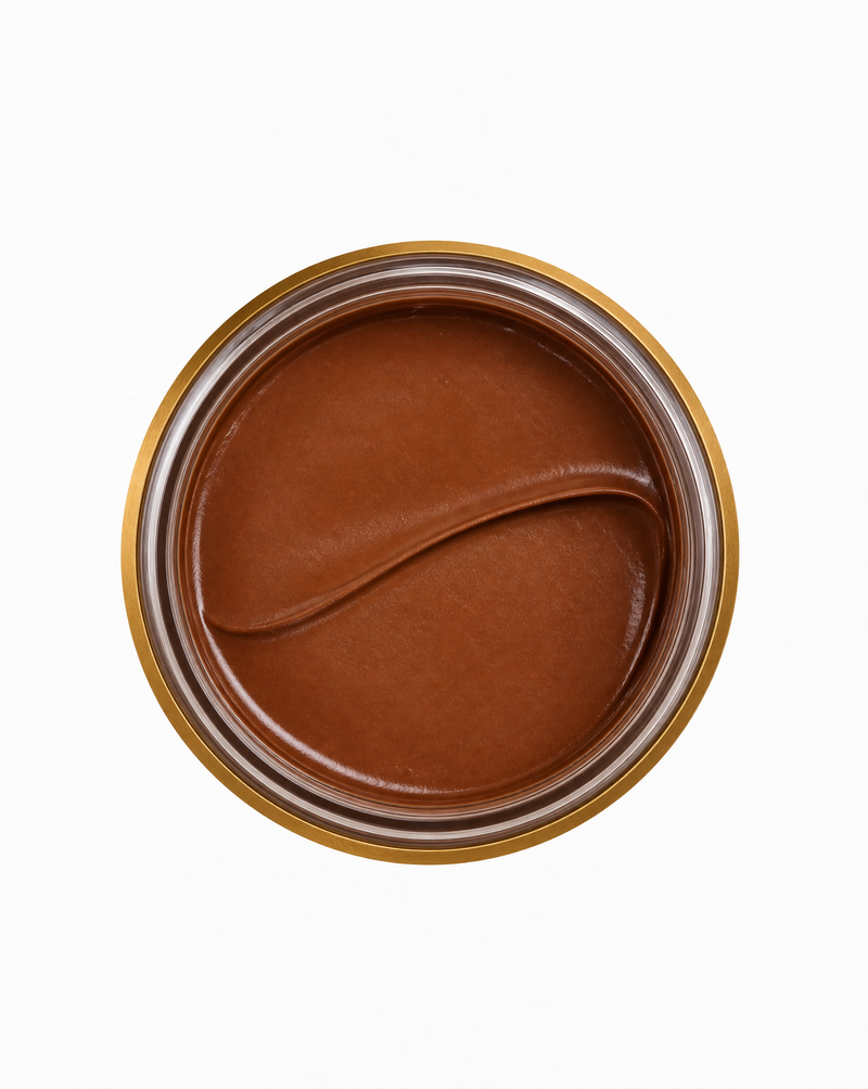 Straight-down overhead view into the open jar, the spread level and settled with one clean spoon furrow across the surface