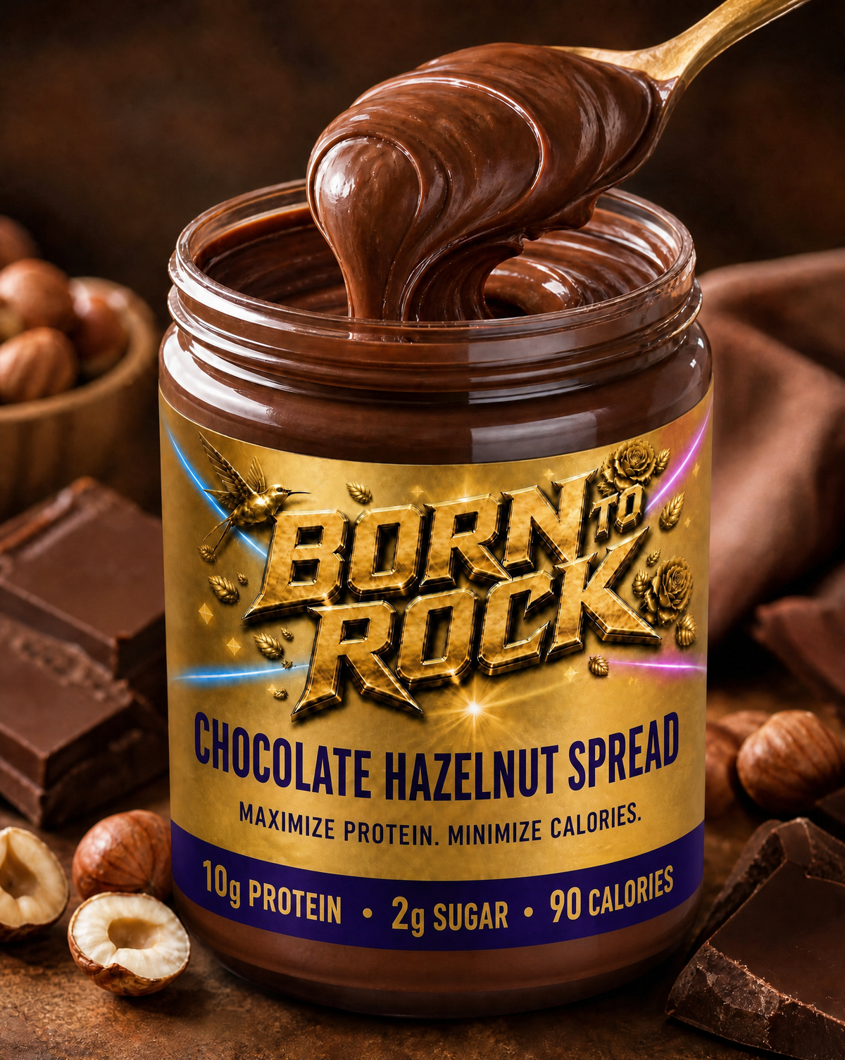 Macro of the open jar with a spoon lifting a ribbon of spread, hazelnuts and chocolate beside it