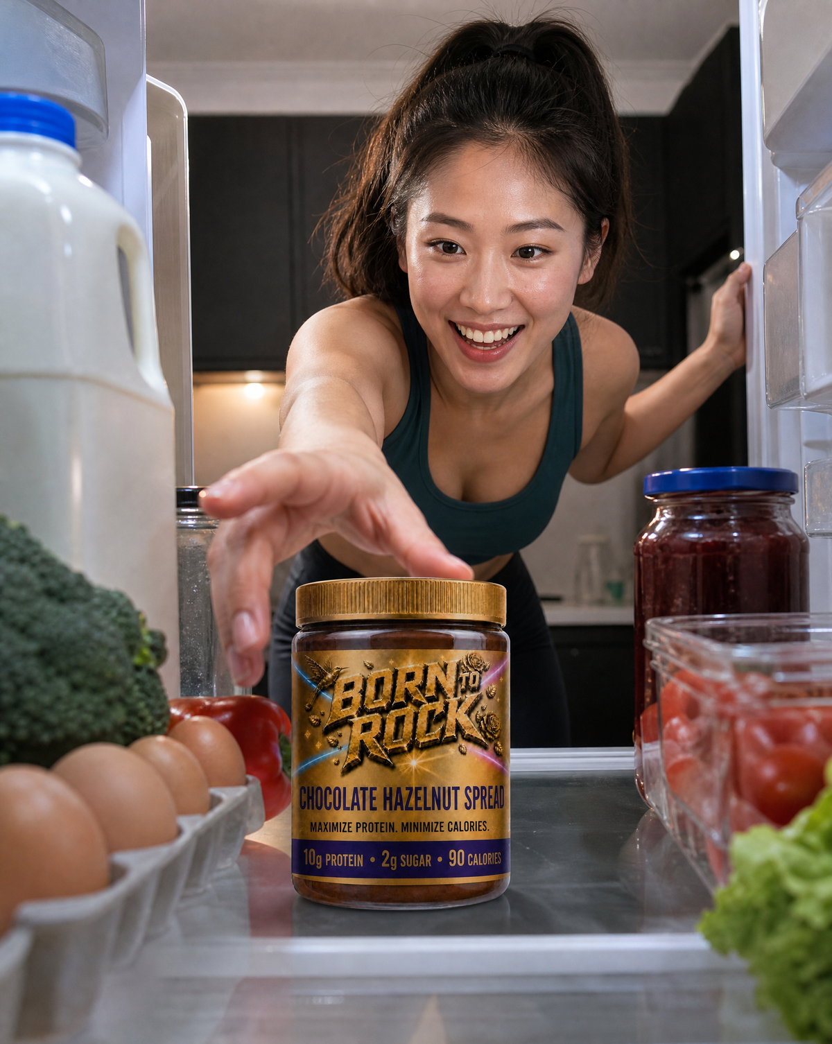 View from inside a fridge as a woman in gym clothes reaches in for the jar on the shelf, delighted