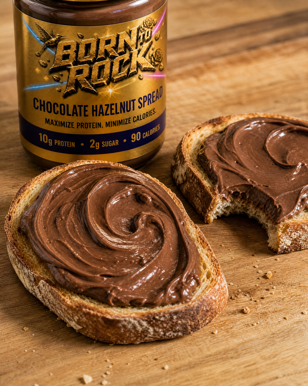 Two slices of rustic sourdough on a wooden board, one covered with a thick swirl of chocolate hazelnut spread and one with a bite taken
