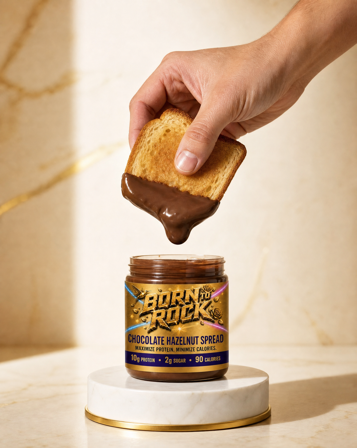 Open jar of Born To Rock Chocolate Hazelnut Spread on a marble pedestal, a hand above lifting a dipped slice of toast with a thick fold of spread falling back into the jar