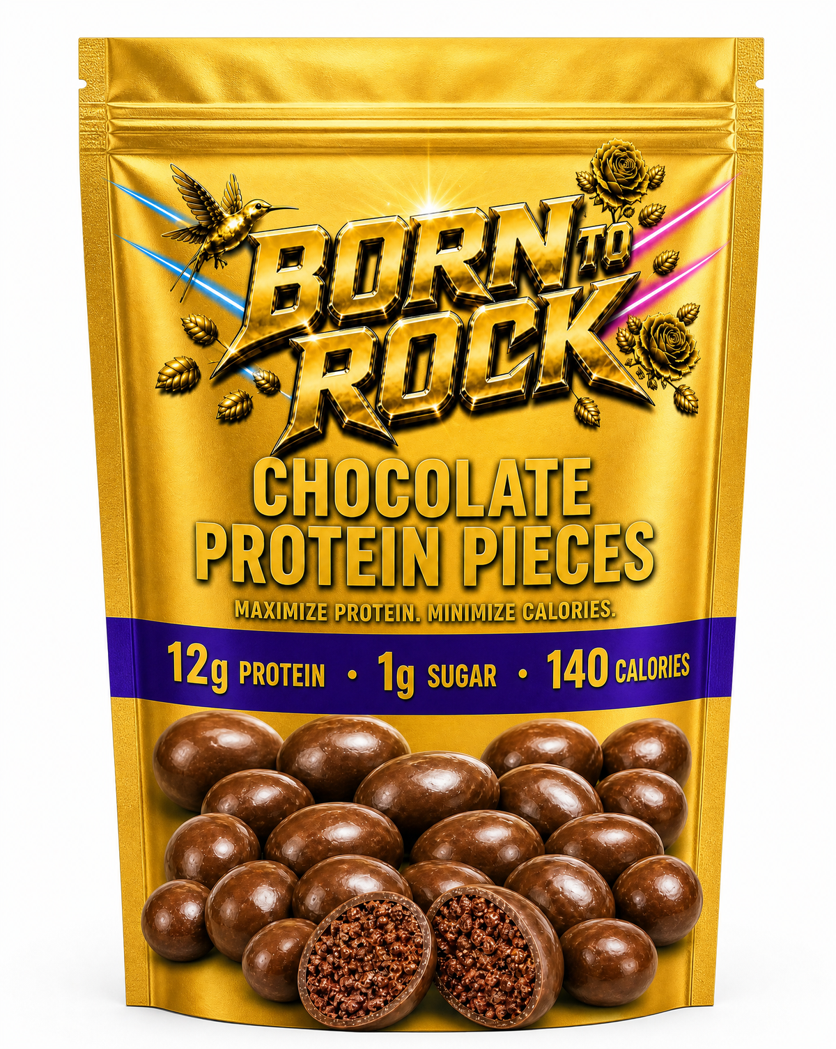 Born To Rock Chocolate Protein Pieces sealed gold pouch photographed straight on against white