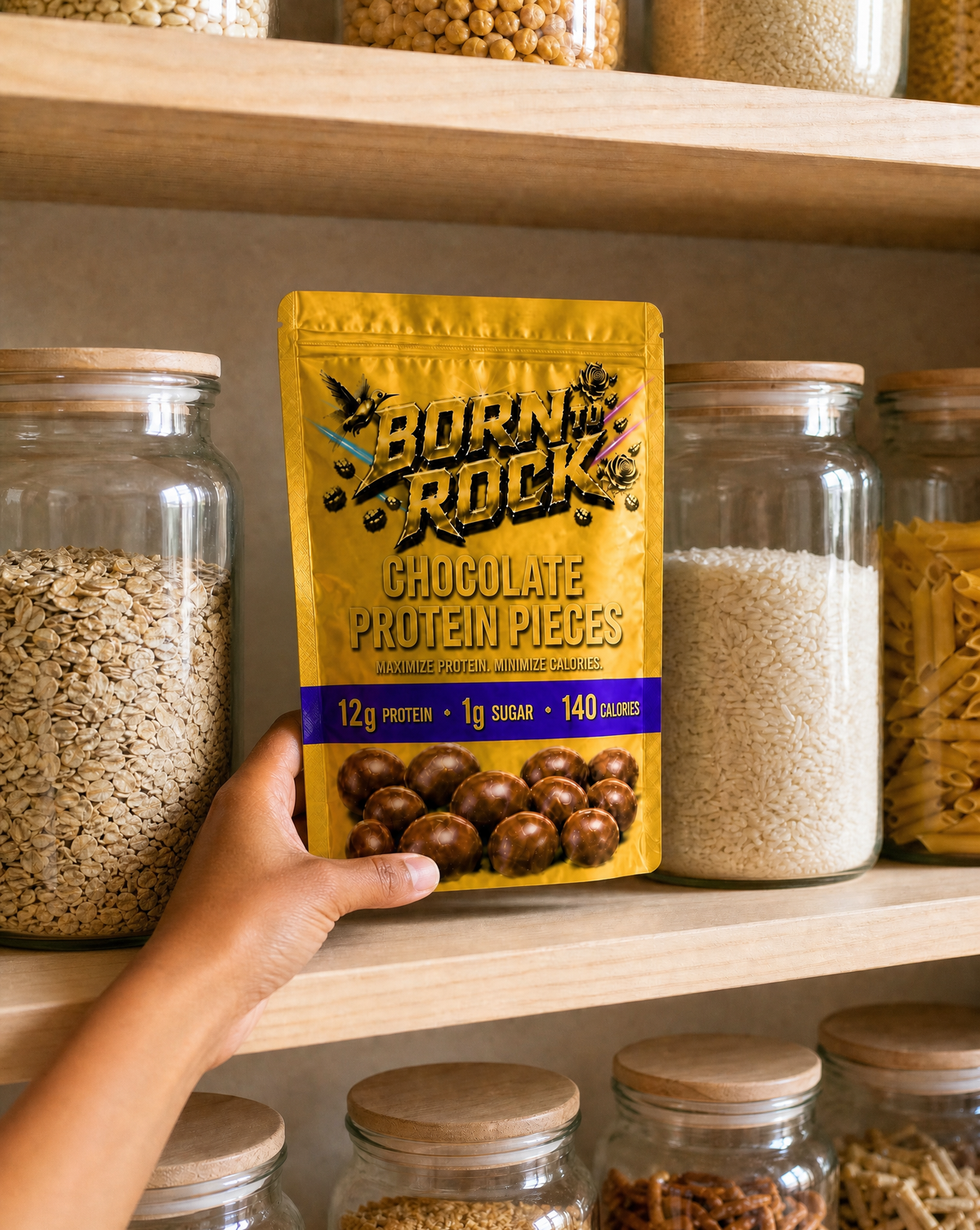 A hand reaching into a home pantry to take the gold pouch from a shelf of glass jars of oats, rice and pasta