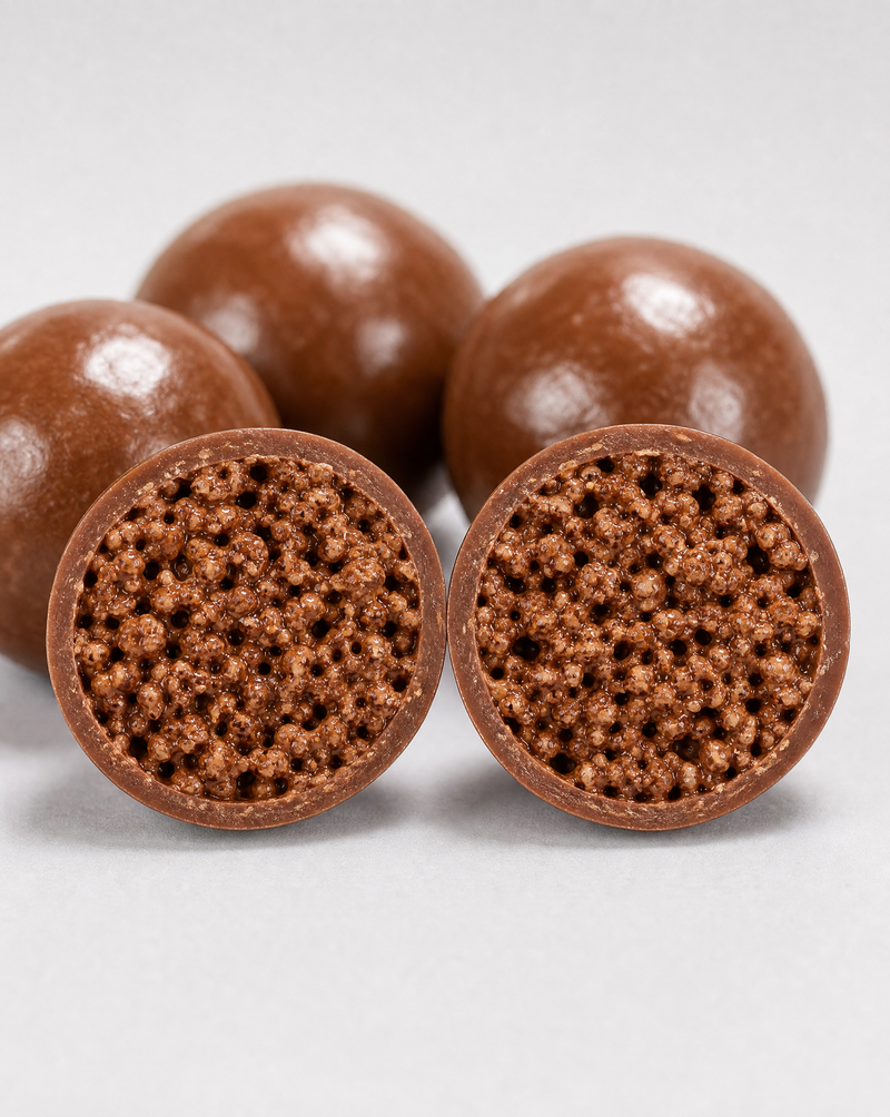 Macro of a chocolate protein piece split in half showing the crisp center inside a glossy chocolate shell