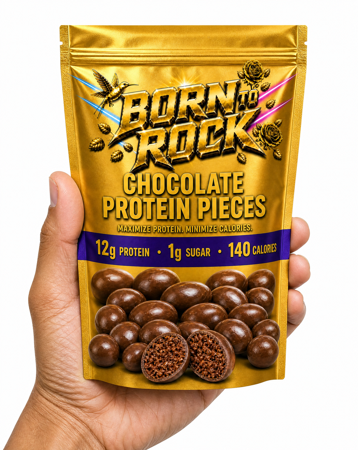 A hand holding the Born To Rock Chocolate Protein Pieces pouch against white, showing its size