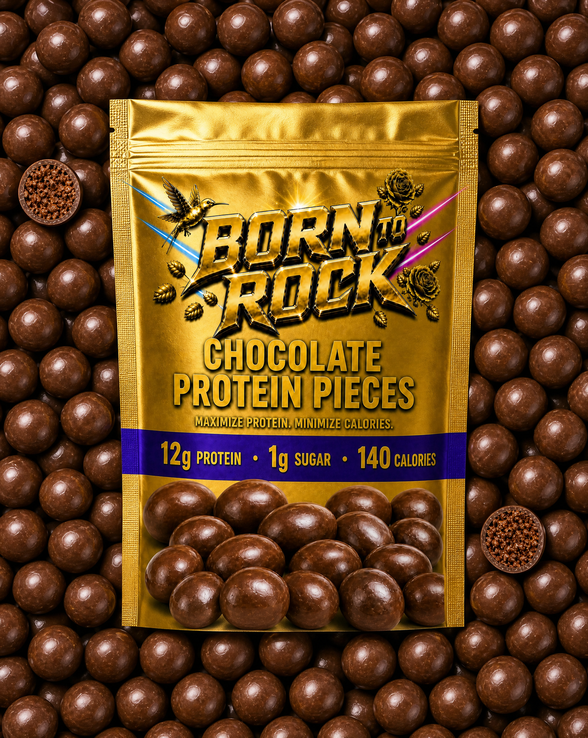 Overhead flat lay of the gold pouch lying in a thick bed of chocolate protein pieces