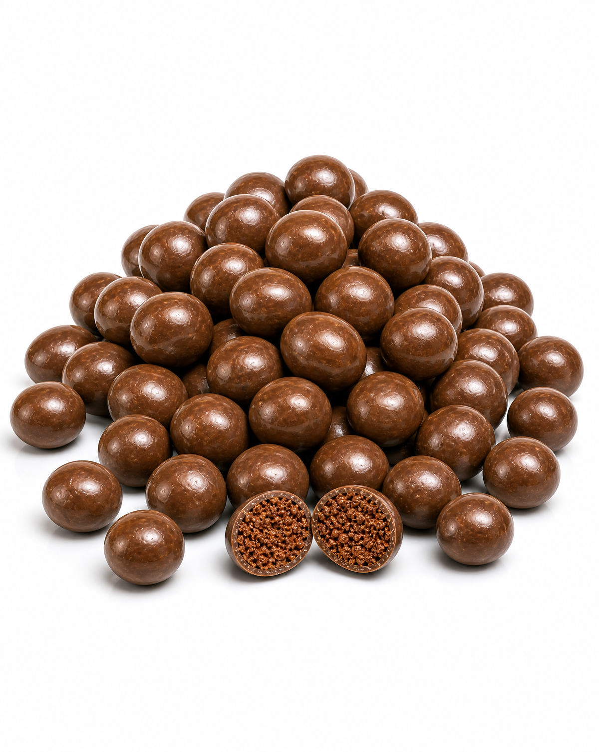 A pile of glossy chocolate protein pieces on white
