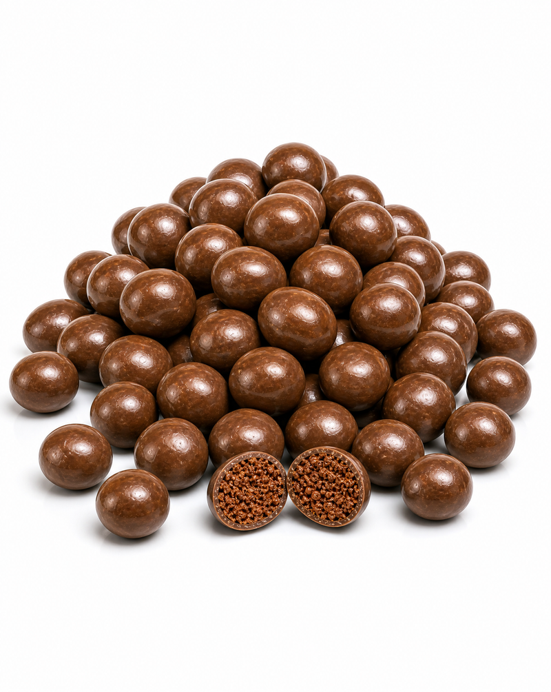 A pile of glossy chocolate protein pieces on white
