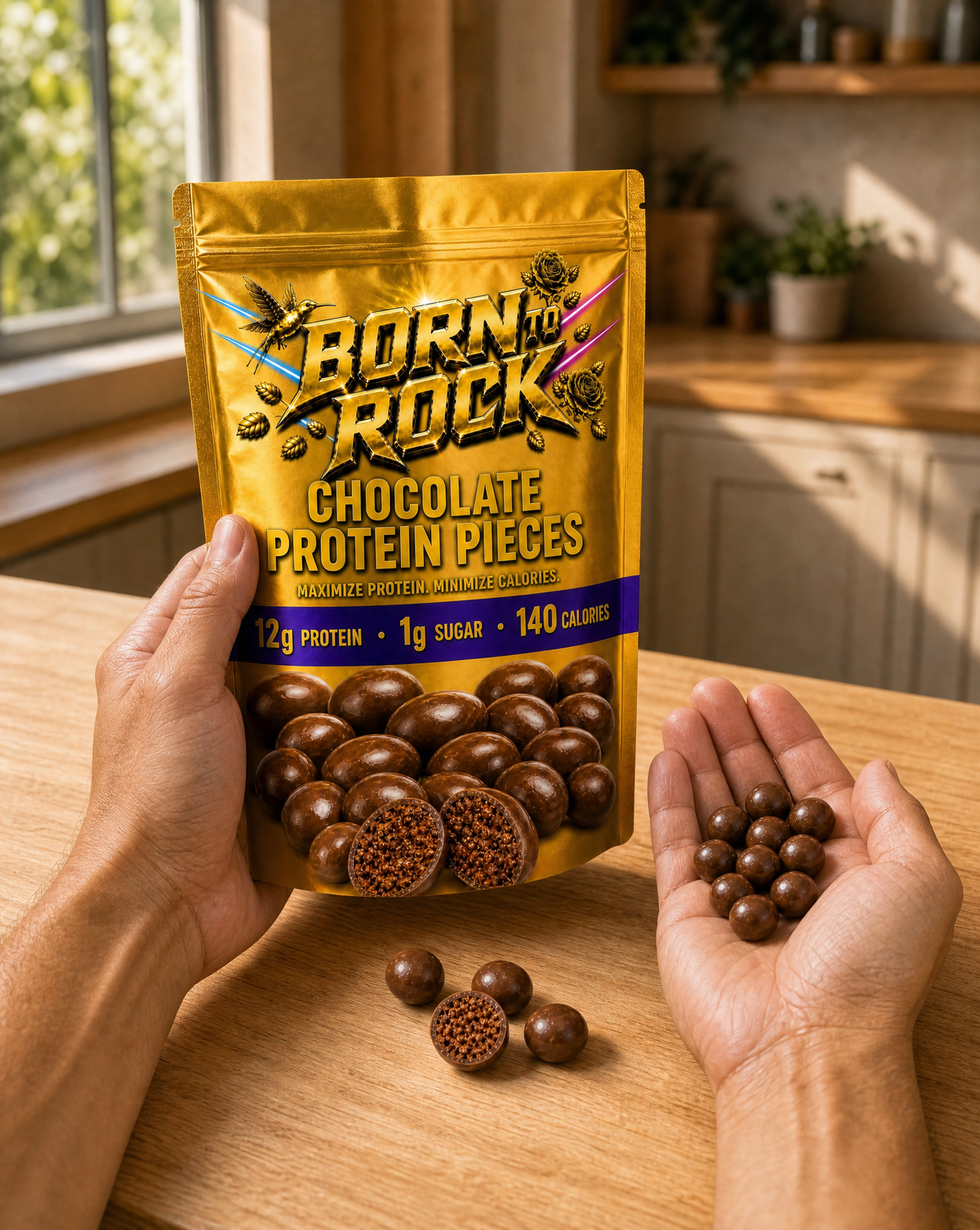 First person view holding the pouch in one hand and a small handful of chocolate protein pieces in the other on a kitchen counter