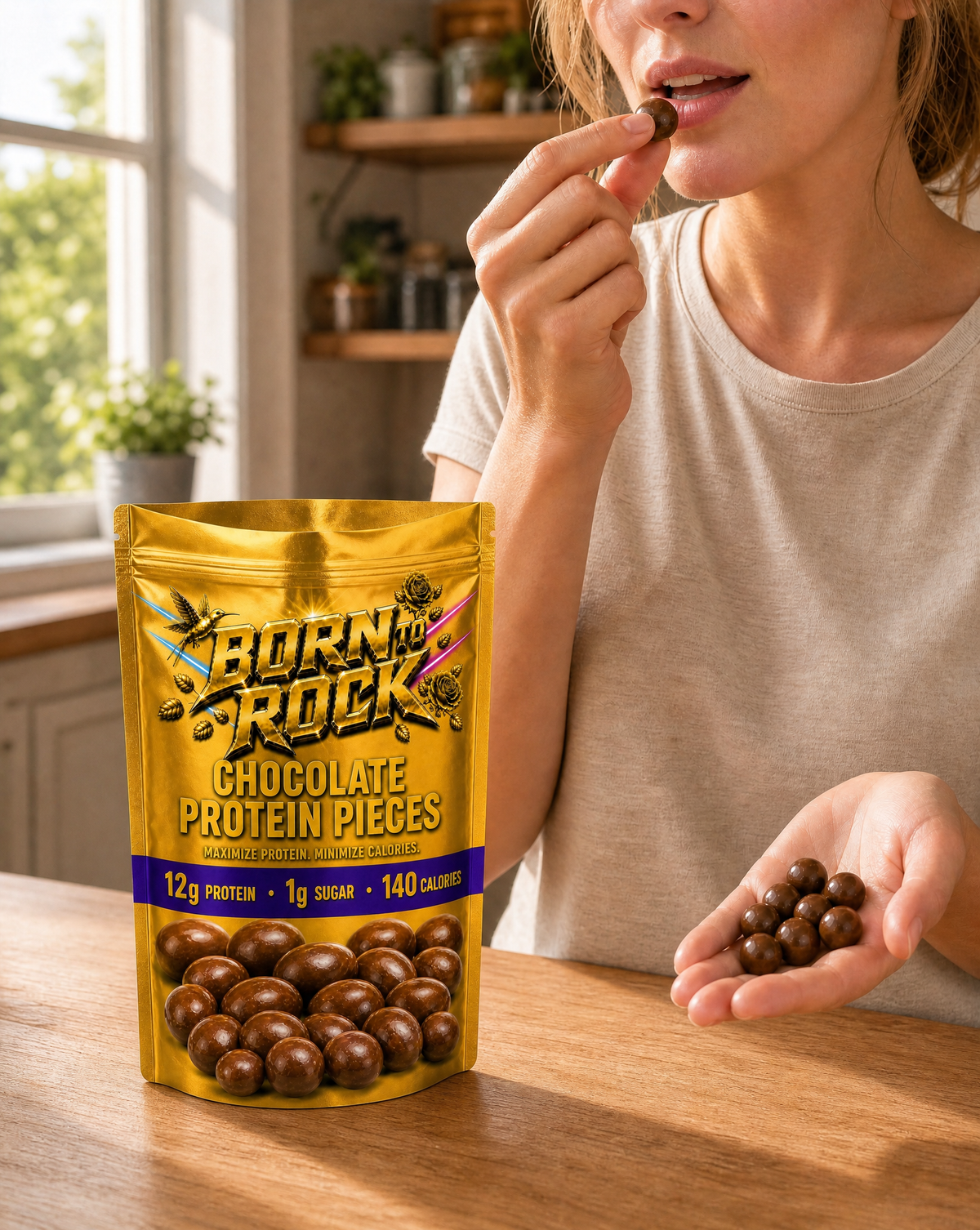 The resealable pouch opened and tipped to pour chocolate protein pieces out