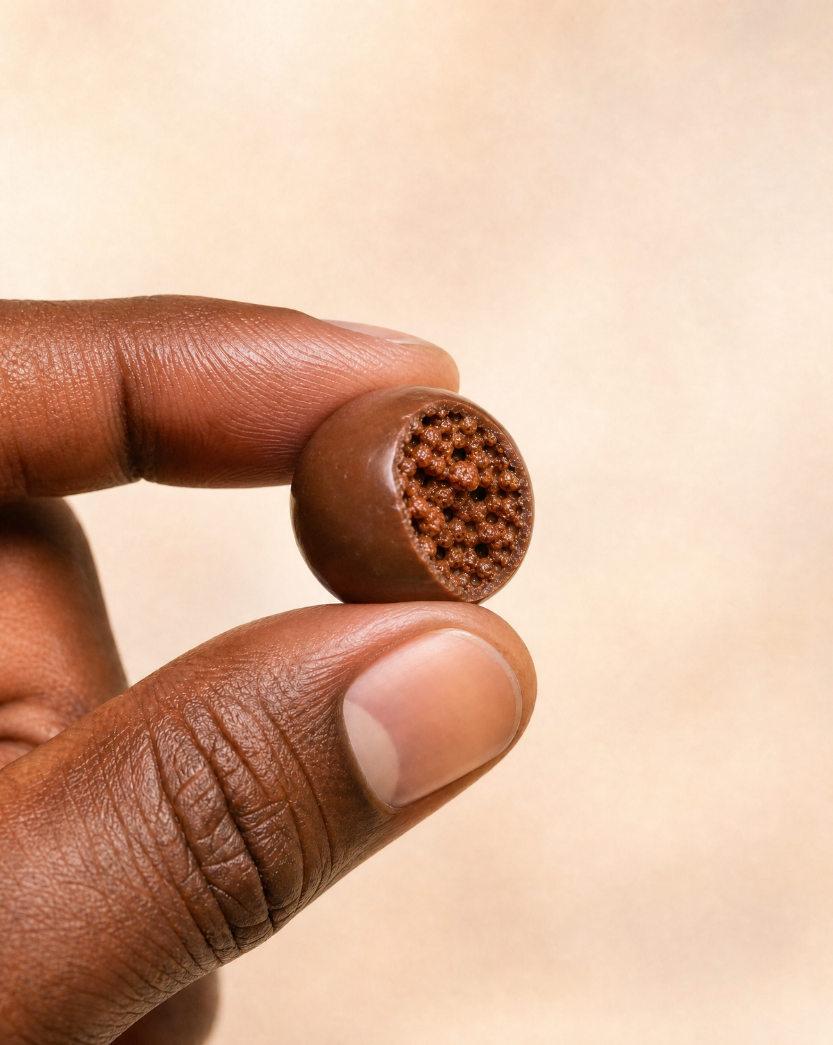 Close up of a chocolate protein piece bitten to reveal the crisp centre