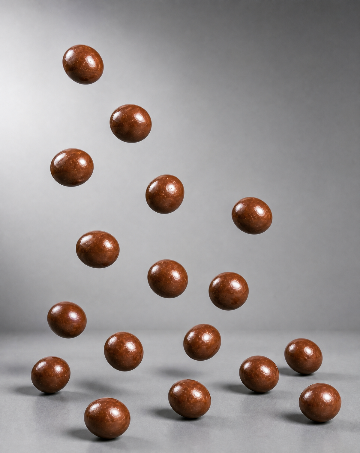 Chocolate protein pieces tumbling against a soft grey studio gradient
