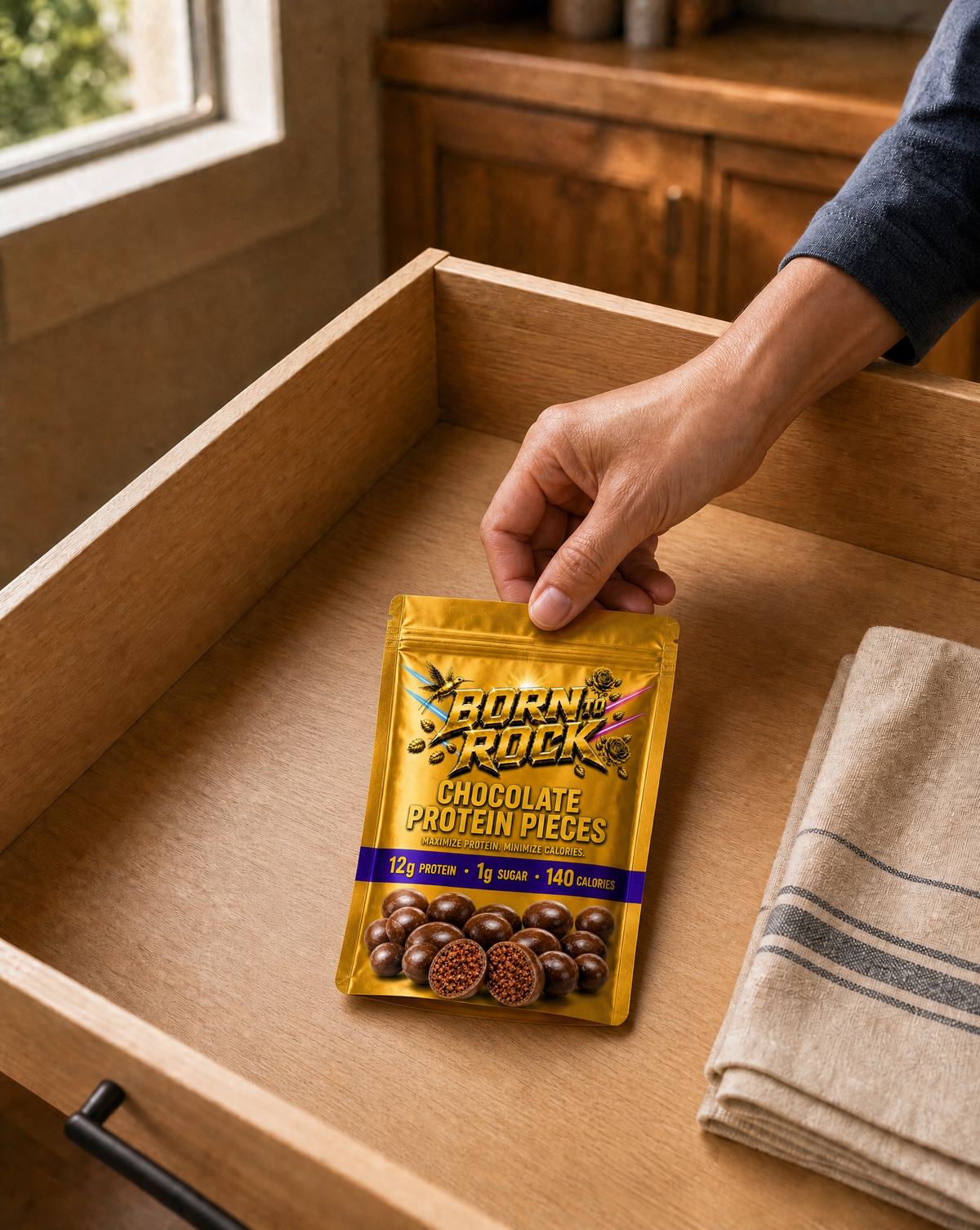 The resealed gold pouch stowed in a wooden desk drawer