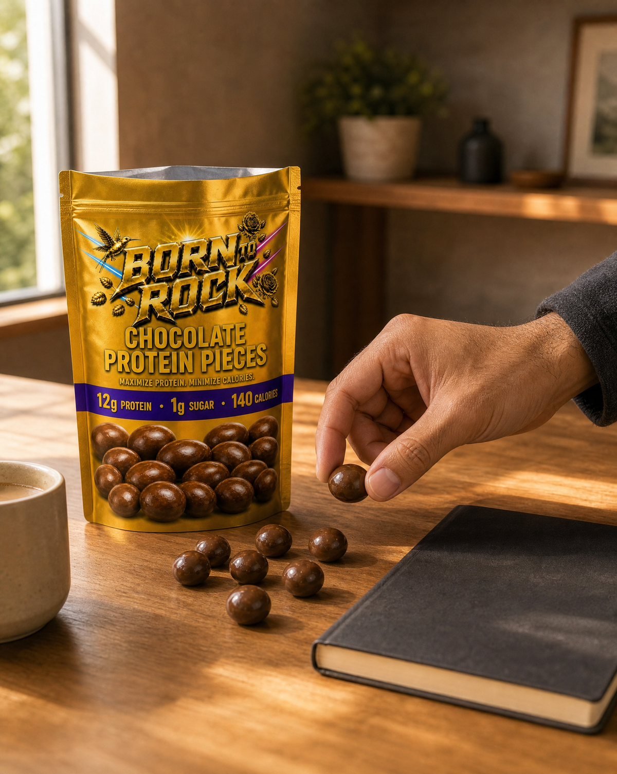 The gold pouch on a wooden desk during the working day
