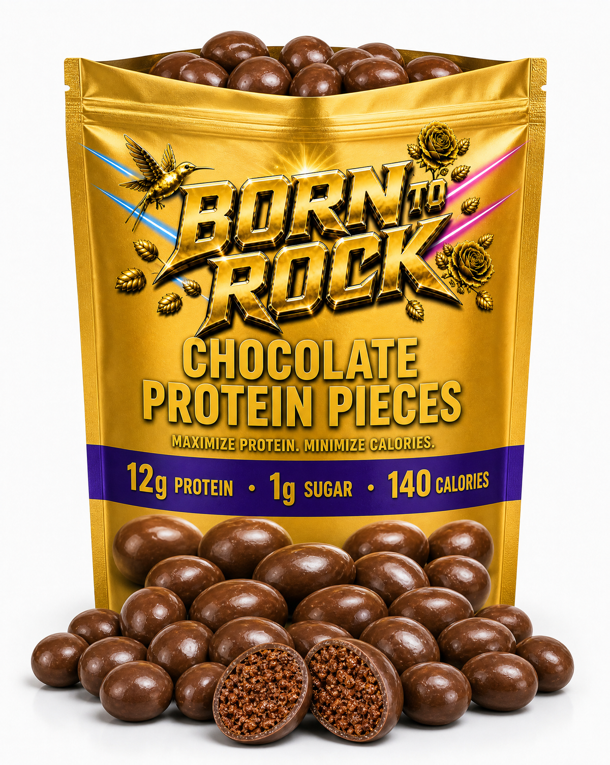 Born To Rock Chocolate Protein Pieces resealable gold pouch, open at the top with chocolate pieces spilling forward, one split to show the crisp center, on white