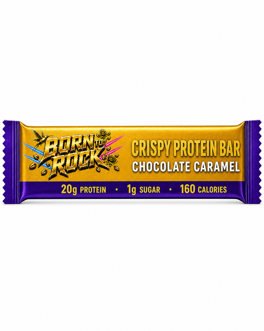 Born To Rock Crispy Protein Bar Chocolate Caramel wrapper front on white