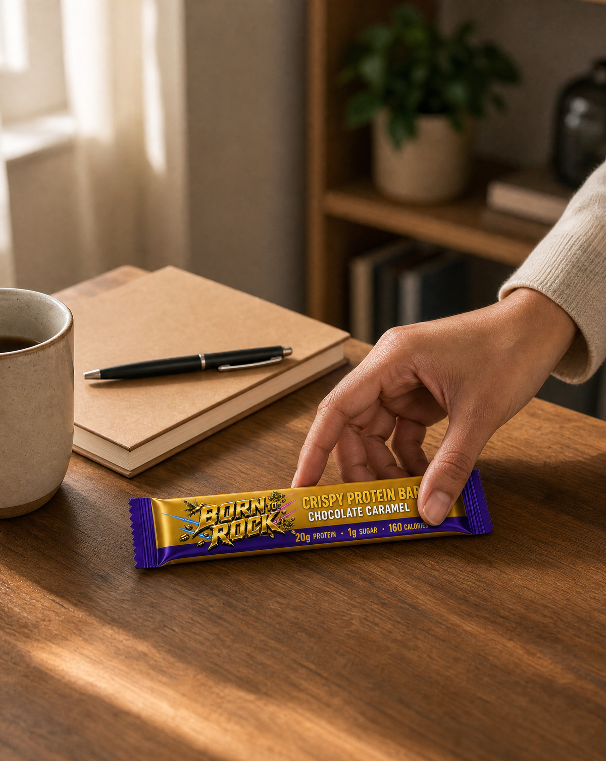 Wrapped Born To Rock crispy chocolate caramel bar on a desk beside a notebook and mug