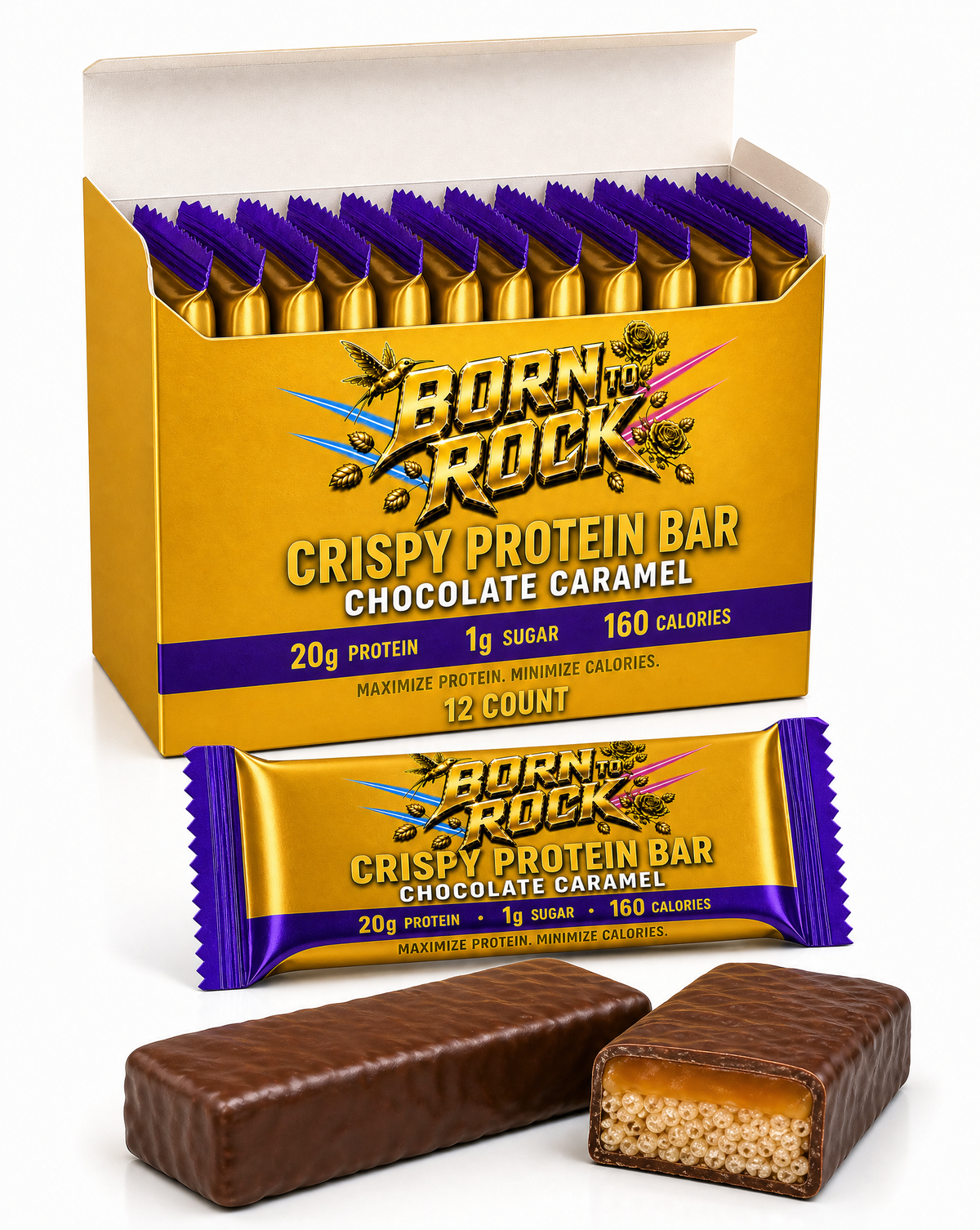 Open 12-count carton of Born To Rock crispy chocolate caramel bars with one unwrapped and one cut bar