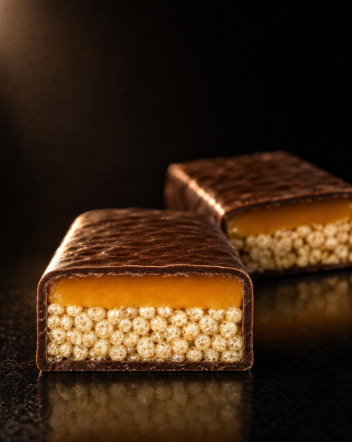 Dramatic cross-section of the crispy chocolate caramel bar on a dark background