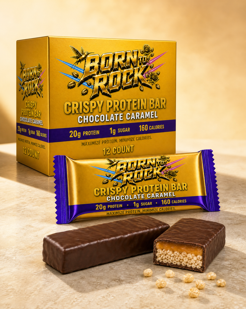 Born To Rock crispy chocolate caramel bar studio arrangement with carton, wrapper and cut bar