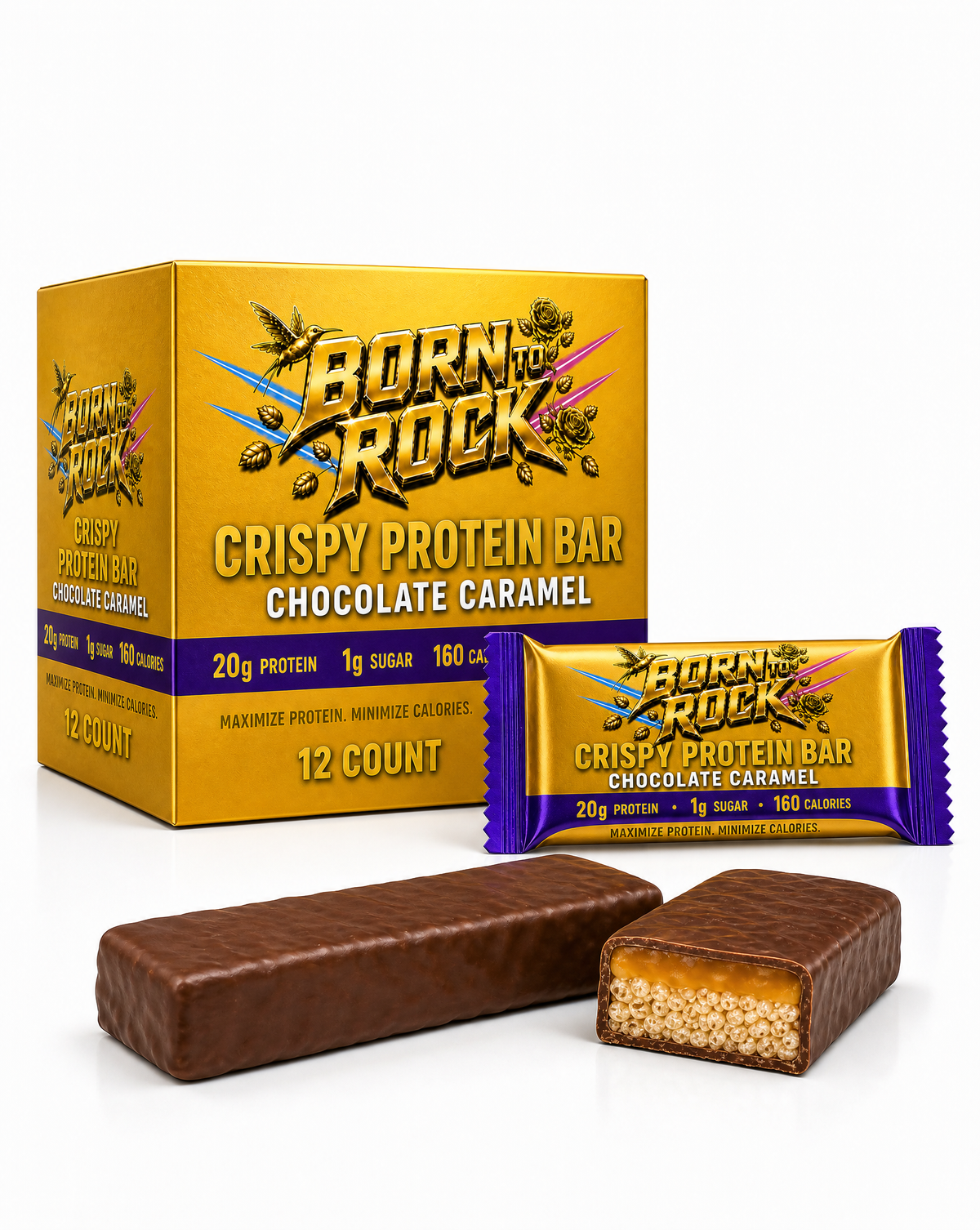 Twelve-count retail box of Born To Rock Crispy Protein Bar Chocolate Caramel at a three-quarter angle, with one wrapped bar, one whole unwrapped bar and one cut bar showing the caramel and crisp layers