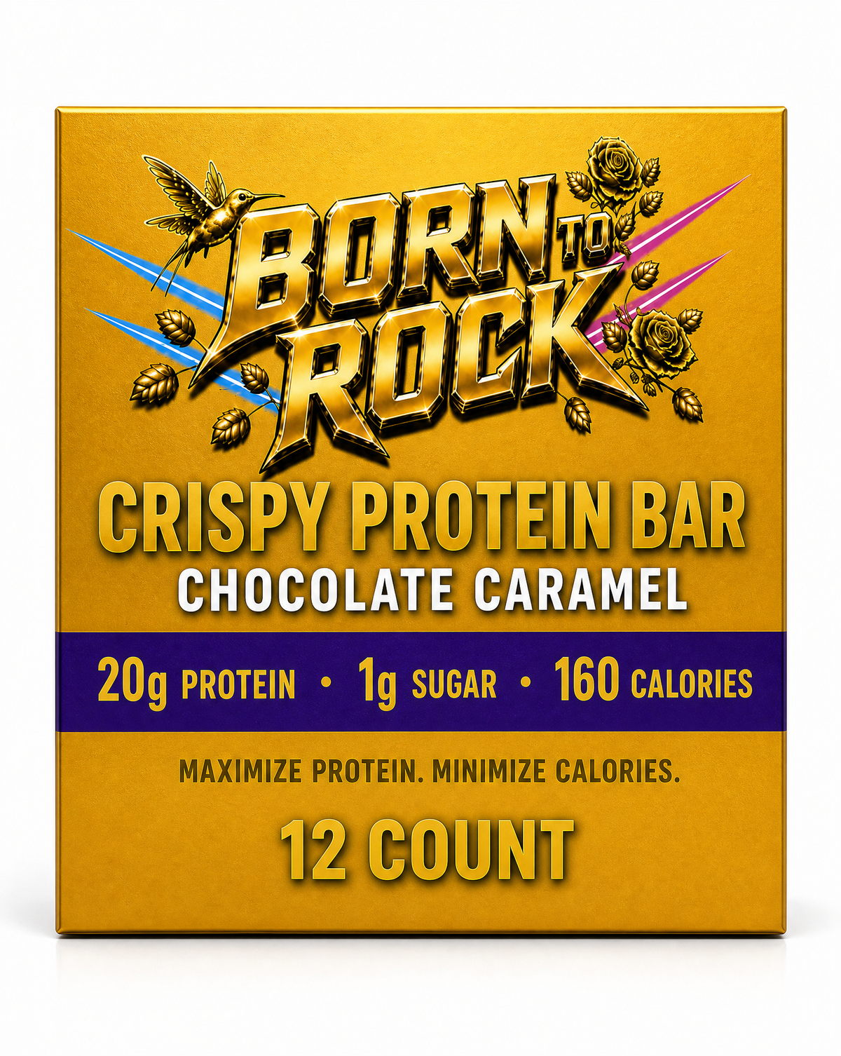 Front of the twelve-count Born To Rock Crispy Protein Bar Chocolate Caramel retail box, photographed square on against white