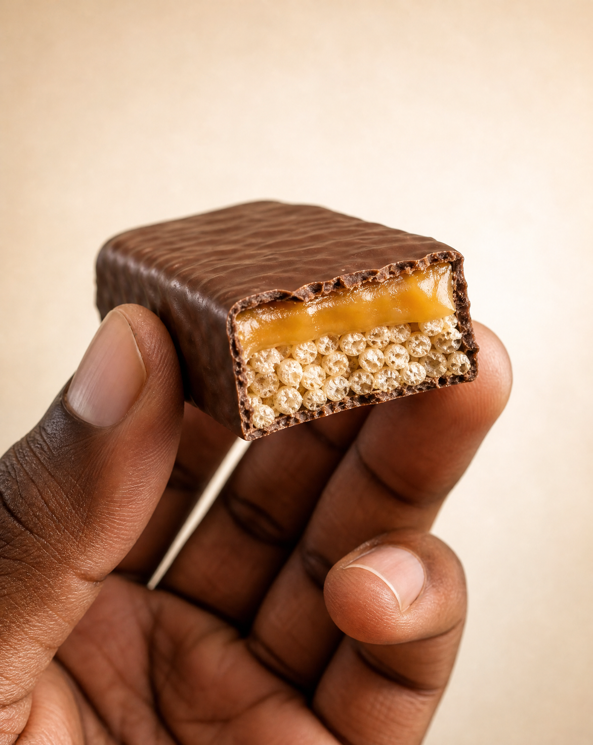 A hand holding a chocolate caramel bar with a bite taken from the end, the cross-section showing a caramel layer over a light crispy base