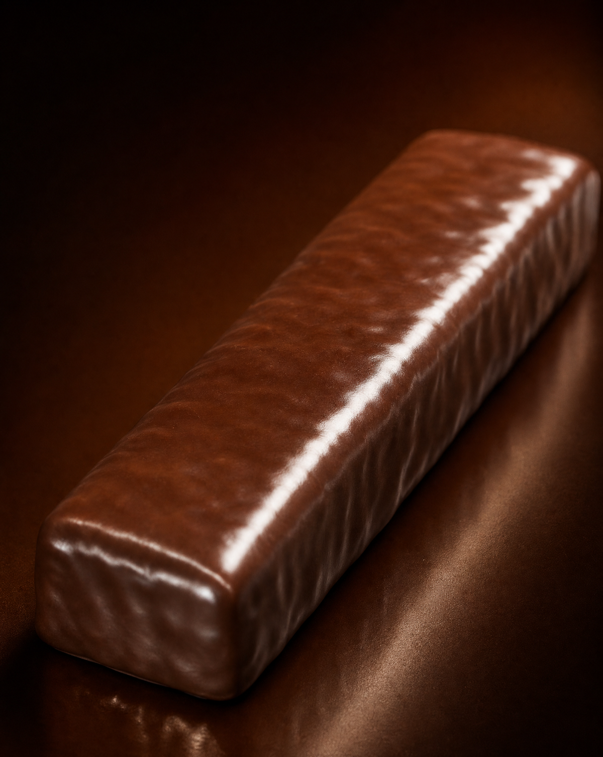 Macro of a whole chocolate-coated bar lit from the side, a bright highlight running the length of its ridged top