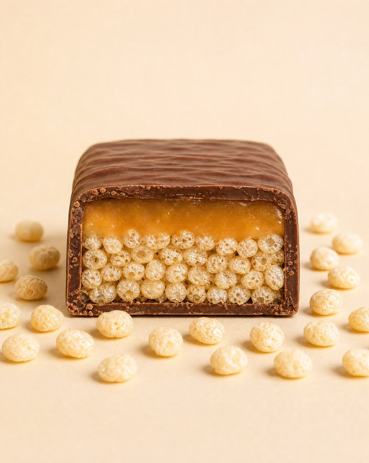 Cross-section of a chocolate caramel bar standing upright, showing a caramel layer over rounded protein crisps, with loose crisps scattered around it