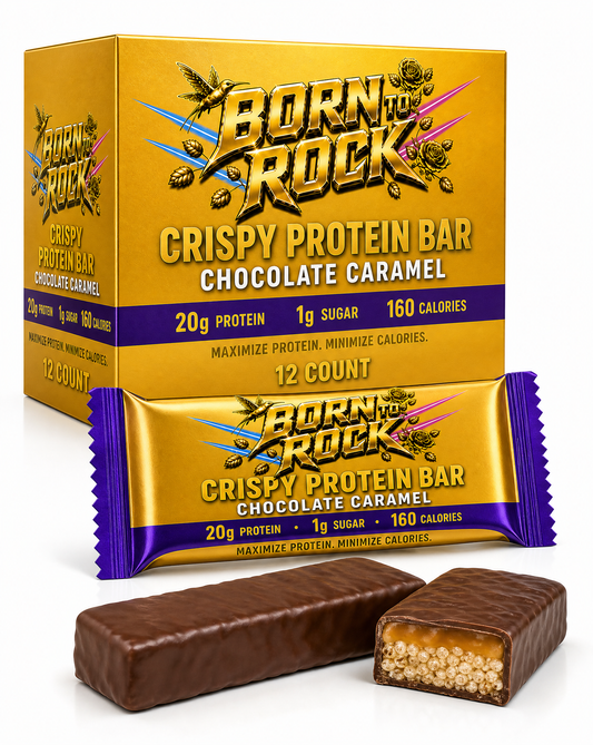Born To Rock Crispy Protein Bar Chocolate Caramel white studio hero with carton, wrapper and bar