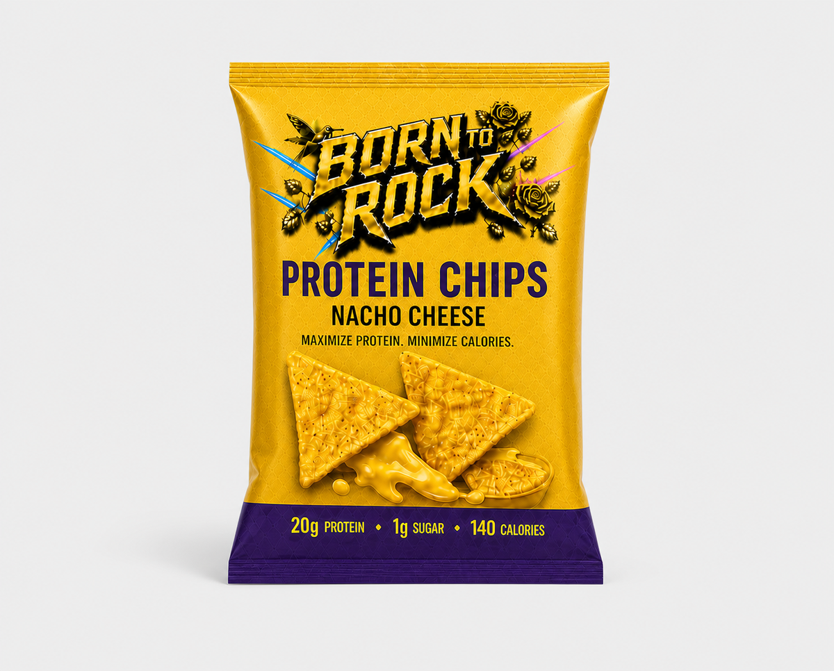 Single-serve Born To Rock Protein Chips Nacho Cheese bag photographed straight on against light grey