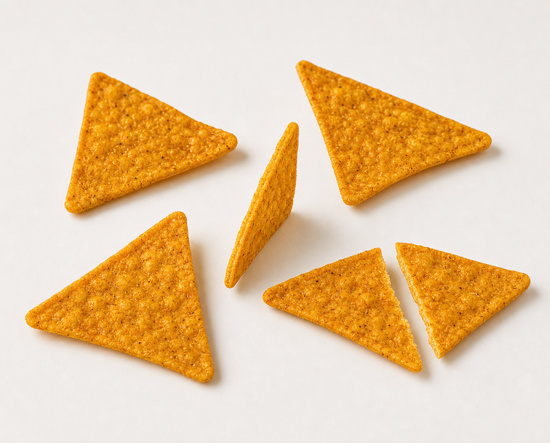 Close-up of triangular nacho cheese protein chips, one standing on edge to show its thickness and one cleanly snapped in half