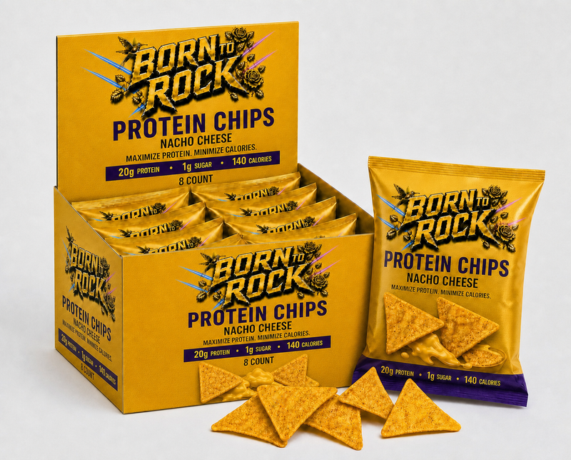 Open display box showing the single-serve bags standing inside, with one bag in front and loose chips at its base