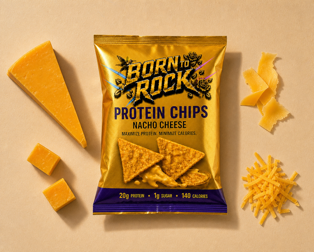 Overhead flat lay of the bag on a warm beige backdrop surrounded by cheddar cheese wedges, cubes and shavings
