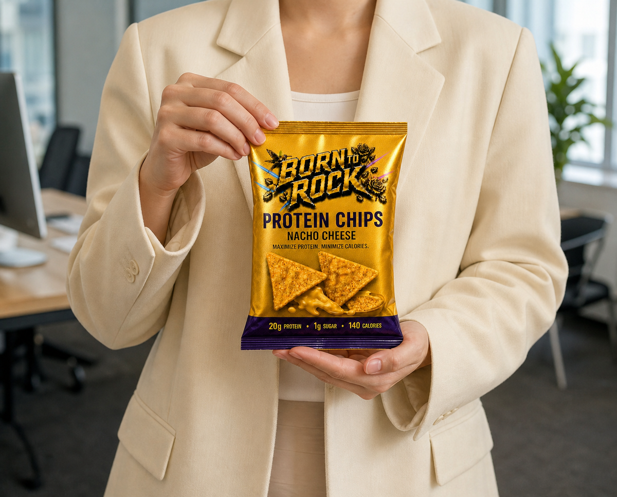 Overhead graphic pattern of nine identical bags of Born To Rock Protein Chips evenly spaced on a bright blue background