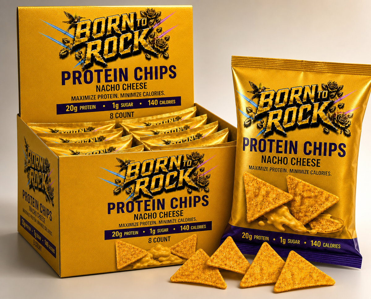 Born To Rock Protein Chips Nacho Cheese eight-count display box with a single-serve gold bag standing in front and loose triangular chips at its base