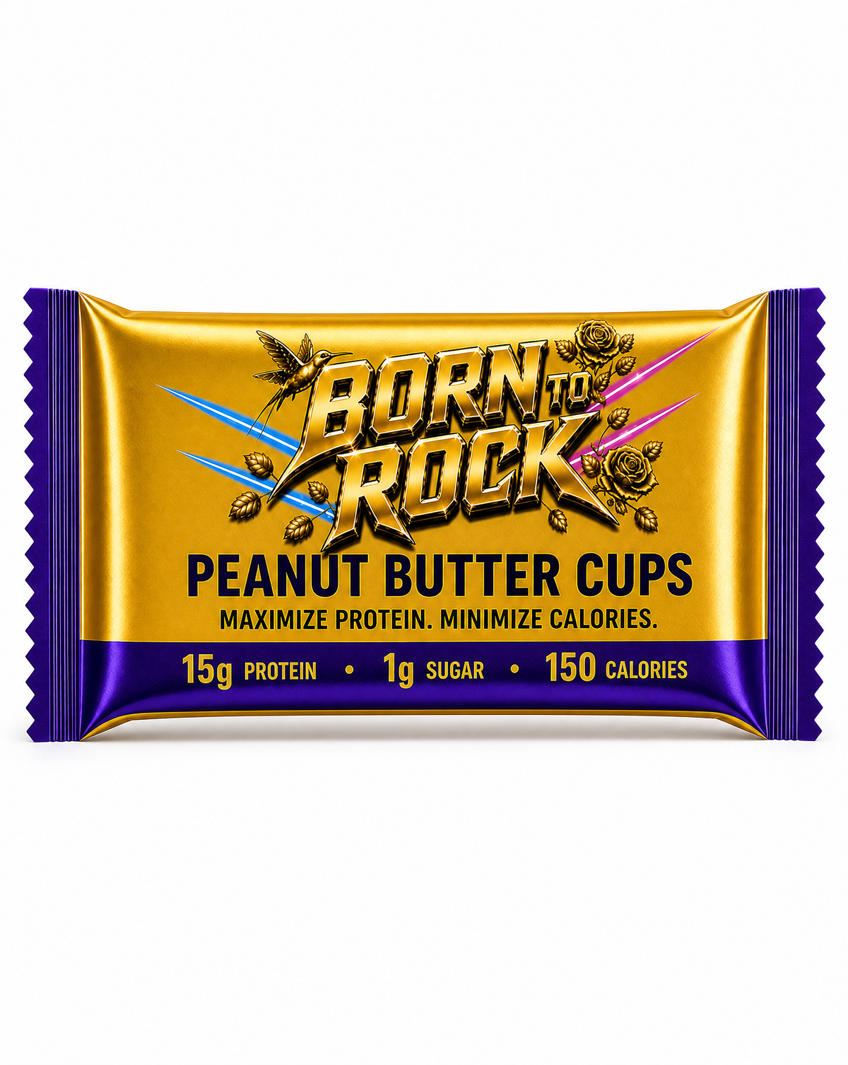 Born To Rock Peanut Butter Cups sealed gold pouch front