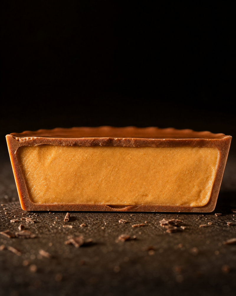 Peanut butter cup snapped in half showing the creamy filling
