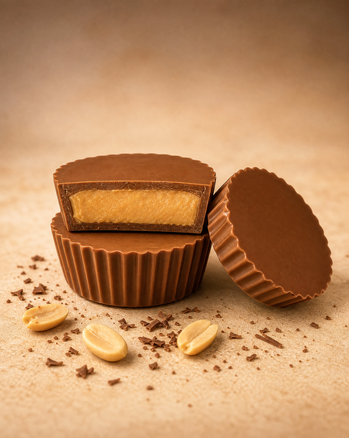 Stacked peanut butter cups with peanuts and chocolate shavings
