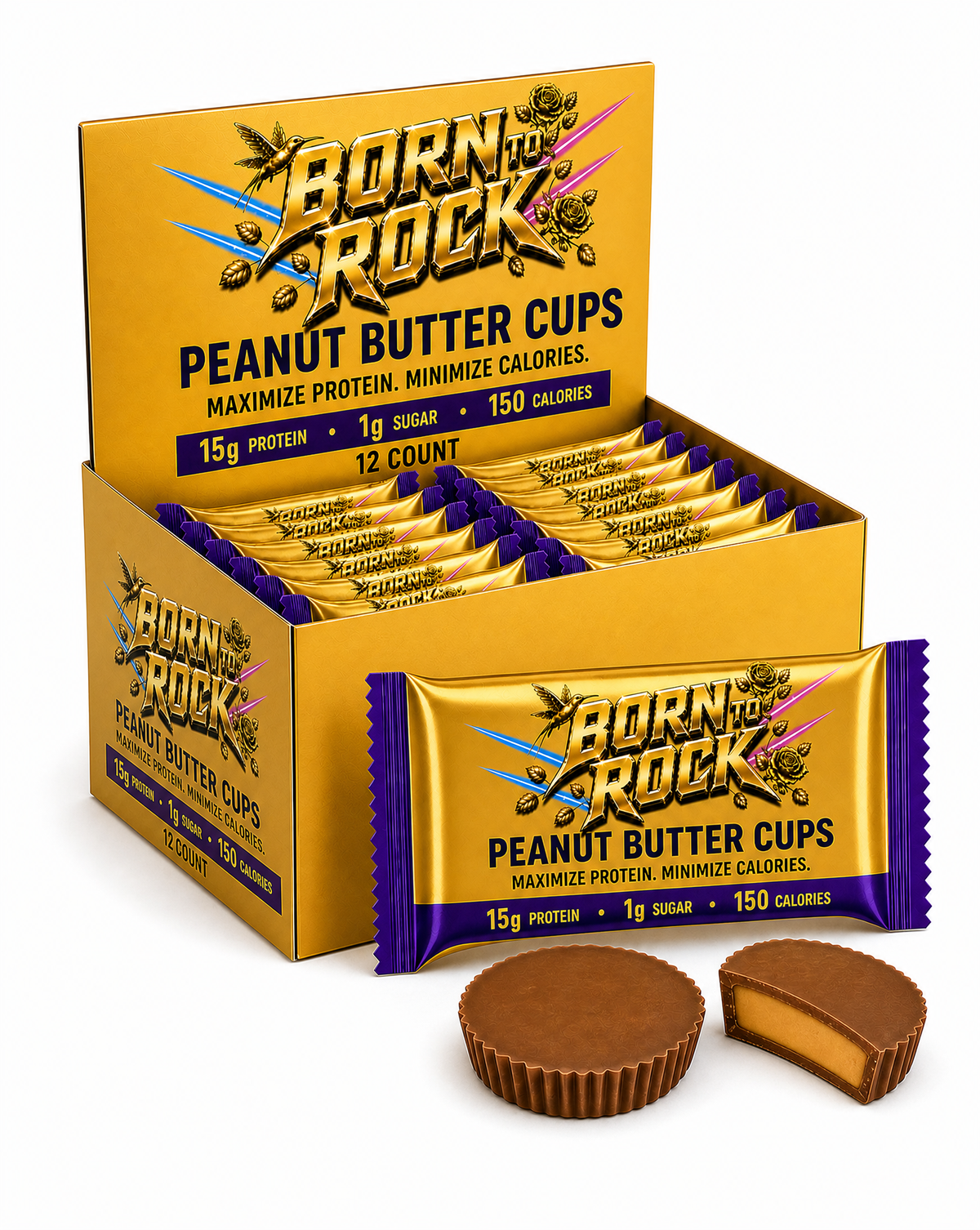 Twelve-count retail box of Born To Rock Peanut Butter Cups at a three-quarter angle, with one wrapped two-cup pack standing in front and two unwrapped cups at its base