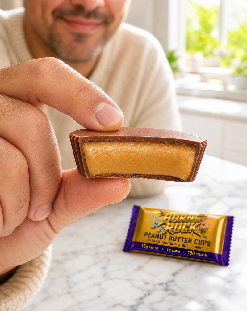 A man holding a peanut butter cup turned on its side so the cross-section faces the camera, showing the smooth chocolate shell around a creamy peanut butter centre, wrapped pack on the counter behind