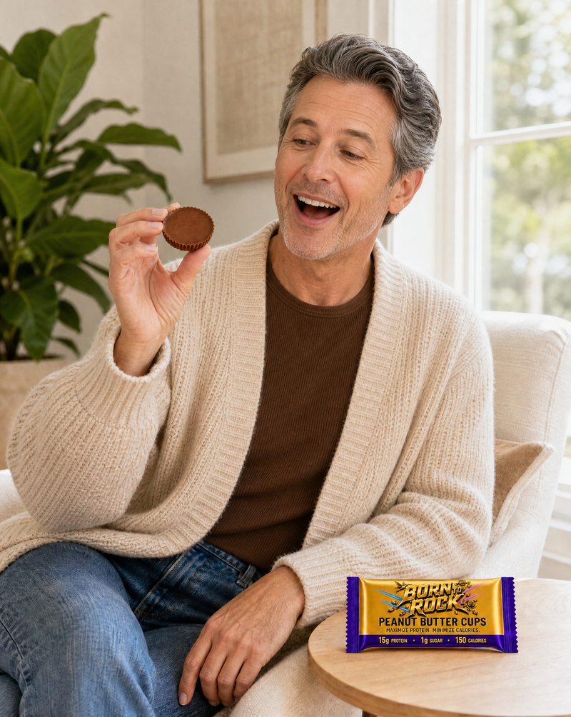 A man in his fifties with salt-and-pepper hair sitting in a bright living room, smiling and holding up a single unwrapped peanut butter cup, with the wrapped pack on the side table beside him