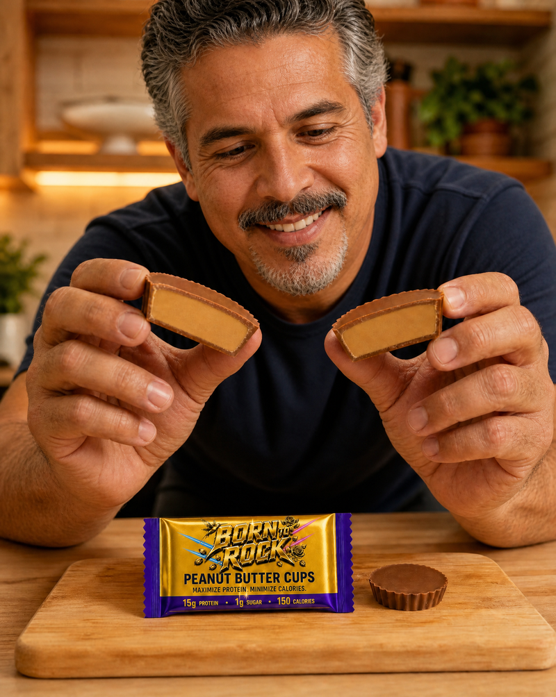 A man in a kitchen holding two halves of a peanut butter cup apart to show the smooth creamy filling, with the wrapped pack and a whole cup on a wooden board in front of him