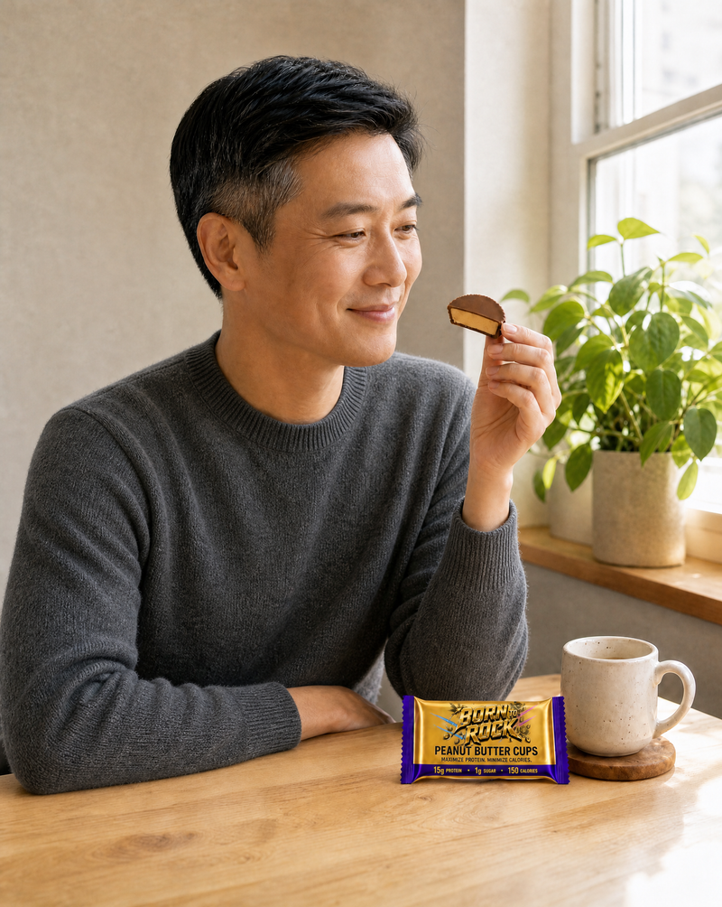 A man at a sunlit kitchen table holding up a peanut butter cup, a mug and the wrapped pack on the table beside him