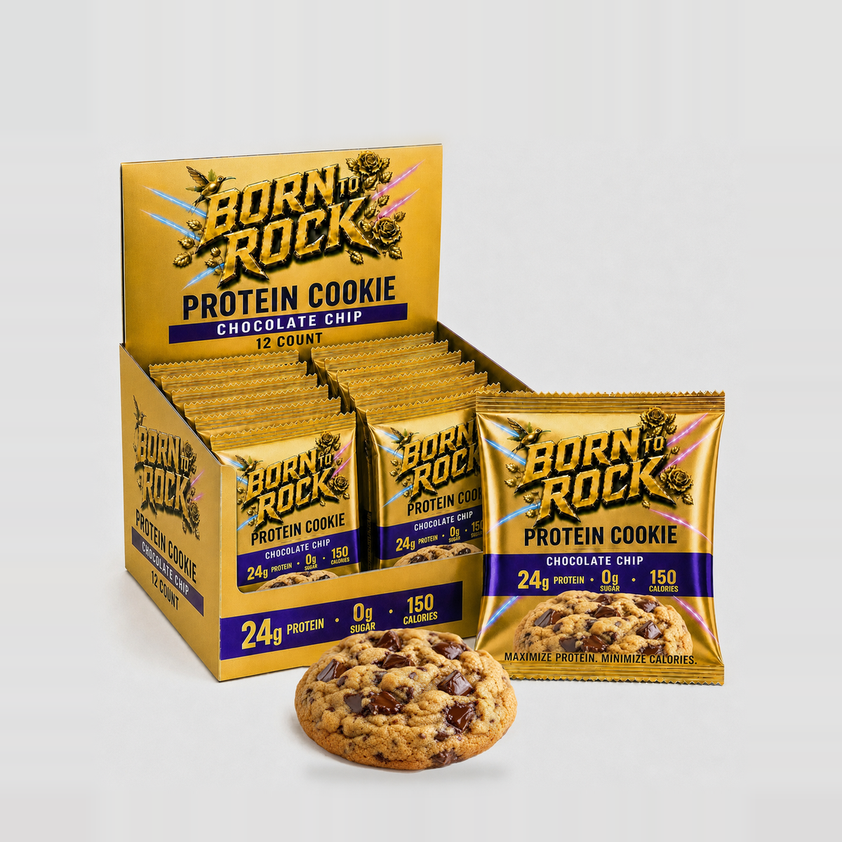Born To Rock Protein Cookie display box with pack and cookie, e-commerce composition